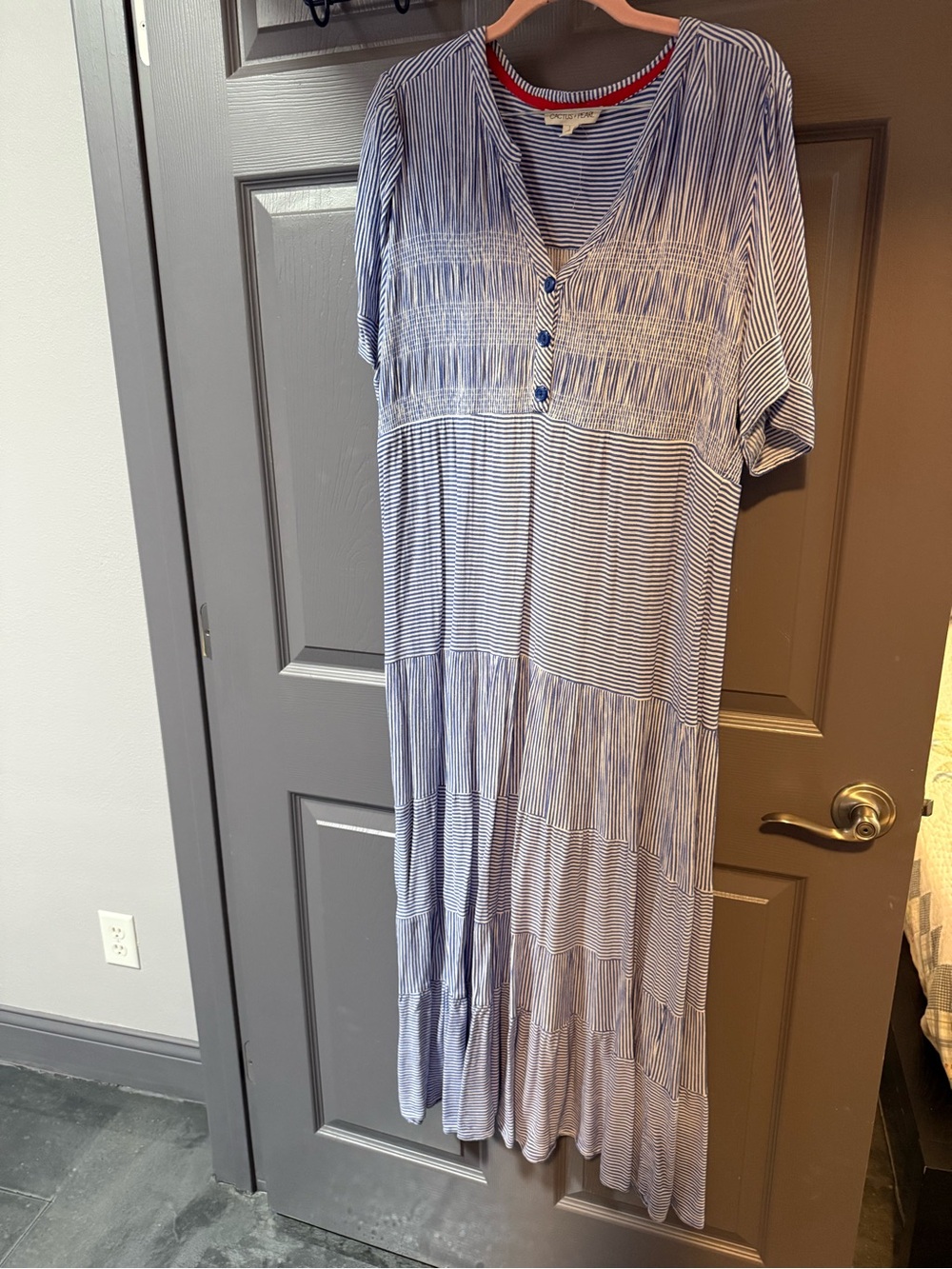 Blue Striped V-Neck Tiered Midi Dress
